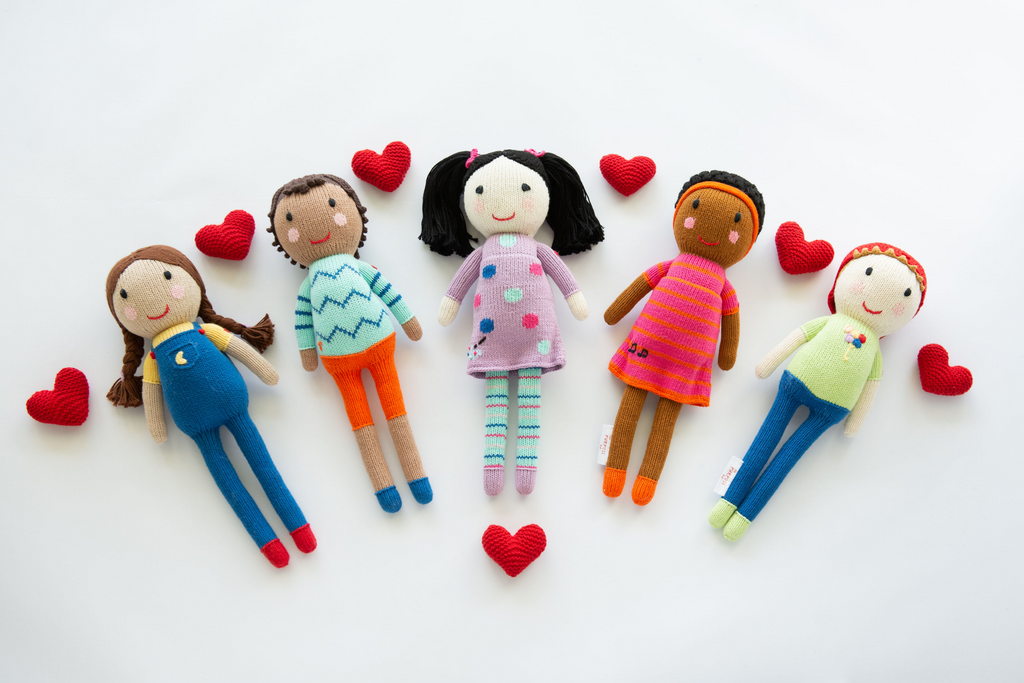 Global Kidizen hand knit dolls, multicultural doll set for kids