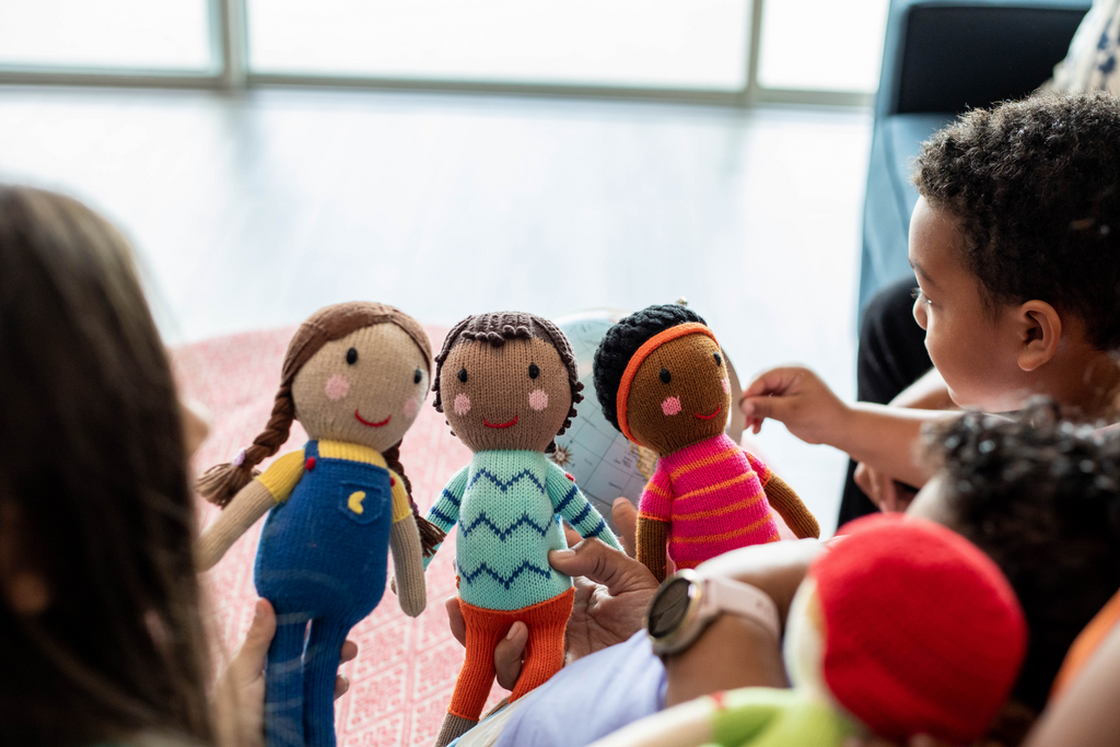 Luna, Ravi and Mapenzi, Global Kidizen hand knit Dolls, multicultural doll set for preschool 