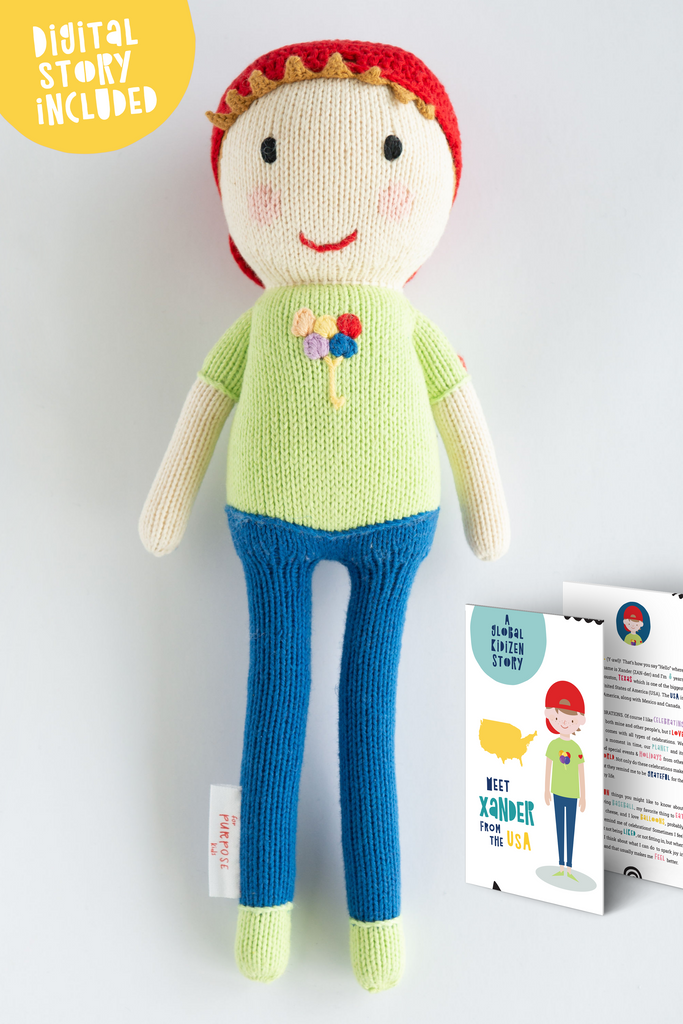 Meet Xander, the Global Kidizen Doll from the United States!  Xander loves celebrations and the joy that they bring.  He loves celebrating many things- a moment in time, the planet and its seasons and holidays, especially new ones from different parts of the world.  